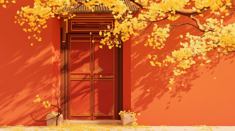 秋天的红墙银杏矢量风格插画