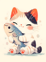 可爱吃鱼小猫咪插画