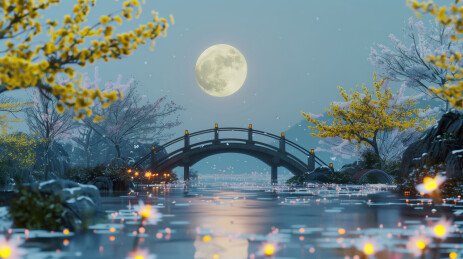 中秋节夜晚的月亮和石桥桂花风景插画