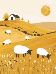 秋天草原上的白羊和房子