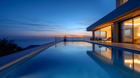 夜晚清澈泳池别墅休闲区