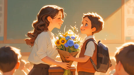 老师在教室接受孩子们的祝福