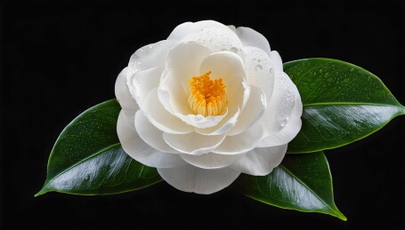 黑色背景上的露水白山茶花