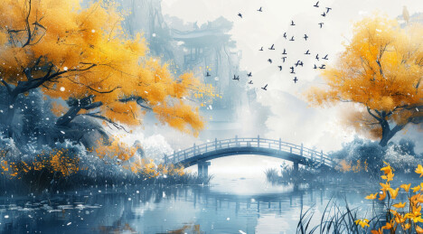 水彩风格秋天自然户外风光