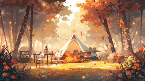 秋日树林里的帐篷露营主题