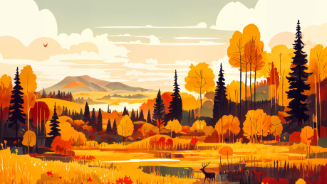 秋天天空和树林自然插画风景