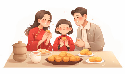 中秋节一家三口坐在一起吃月饼