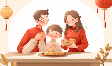 中秋节一家三口坐在一起吃月饼
