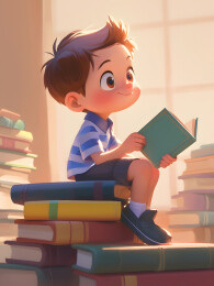 坐在一堆书上看书