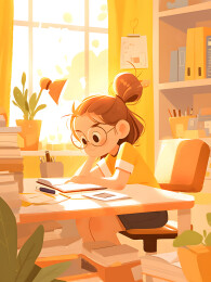 一个女孩正坐在桌子前写作业