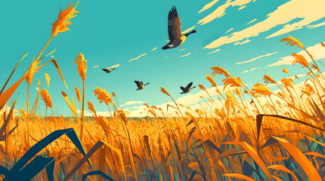 秋季大雁飞过成熟的稻田