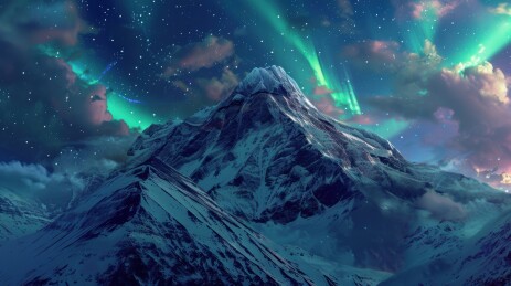 在雪山下看天空美丽极光的风景