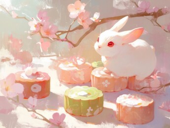 兔子玉兔月饼樱花可爱新中式风格插画