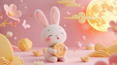 中秋节满月背景下正在吃月饼的可爱玉兔