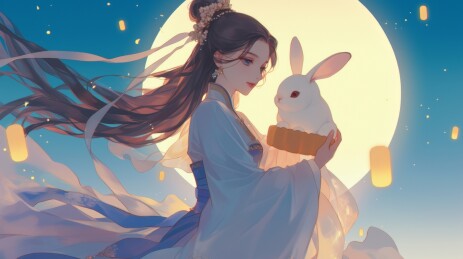 中秋节满月背景下的嫦娥与玉兔