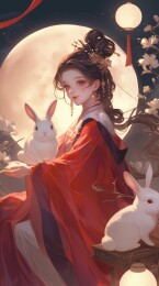 中秋节满月背景下的嫦娥与玉兔