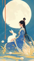 中秋节满月背景下的嫦娥与玉兔