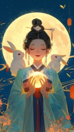中秋节满月背景下的嫦娥与玉兔