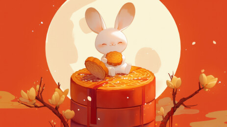 中秋节满月背景下正在吃月饼的可爱玉兔