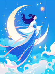 夜空中嫦娥飞在空中奔向月亮