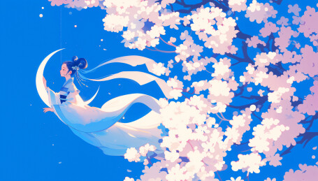 夜空中嫦娥飞在空中奔向月亮