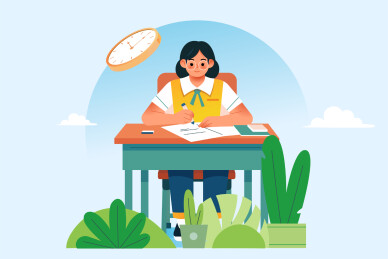 女学生在课桌上学习