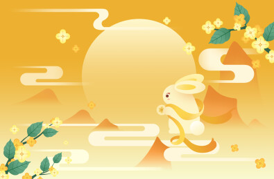 桂花飘香之中秋玉兔吃月饼团圆插画