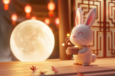 兔子抱着月饼3D国潮插画