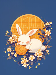 中秋节月饼兔子桂花月亮中式插画