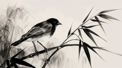黑白水墨画风格竹叶与小鸟