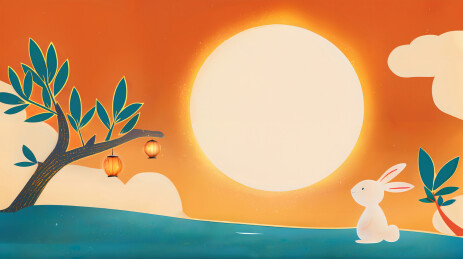 中秋玉兔月圆桂花灯笼下共赏佳节卡通美景