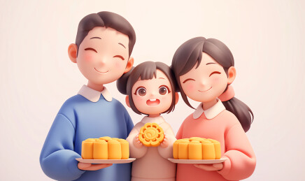 中秋节一家三口拿着月饼庆祝