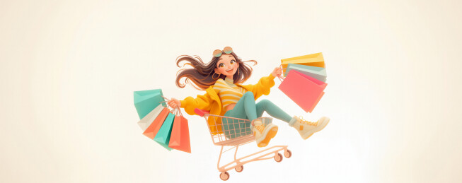 3D卡通风格一个坐在购物车里的女孩