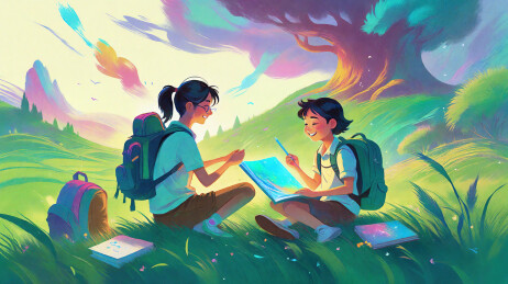 草地上认真学习的学生开学季插画