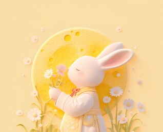 嫩黄色中秋节卡通月亮兔子插画