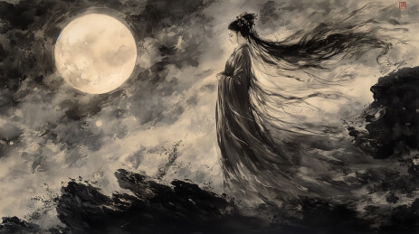 水墨风格的月下嫦娥