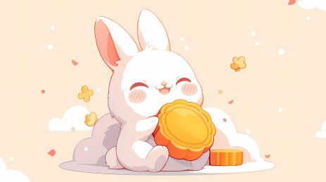 中秋节插画，月兔抱着月饼