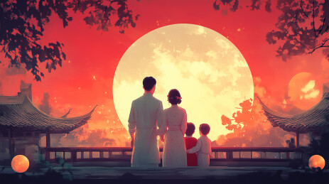 复古渐变风格阖家团圆场景插画