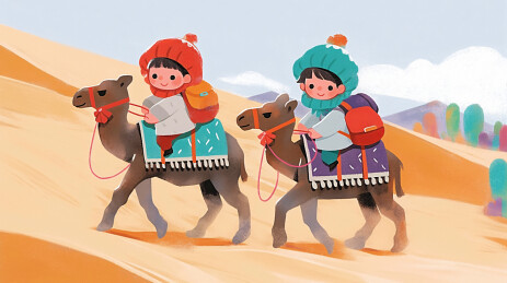 一个游客骑着骆驼走在沙漠中