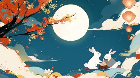 中秋节在满月下吃月饼的玉兔插画