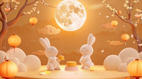 中秋节在满月下吃月饼的玉兔插画