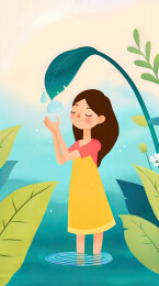 愉悦的女孩手接住秋天的露珠有趣创意场景