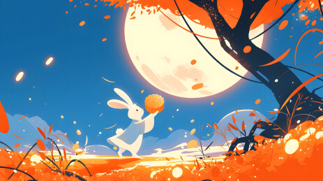 举着月饼向月亮的兔子在枫叶林中