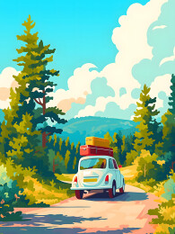 车顶上有行李的旅行车开在森林中的小路