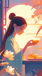 簪花发髻的嫦娥温婉揉捏月饼