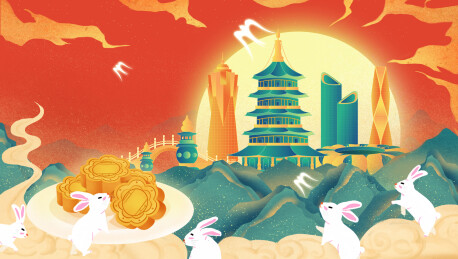 杭州传统节日中秋节玉兔月饼中国风城市