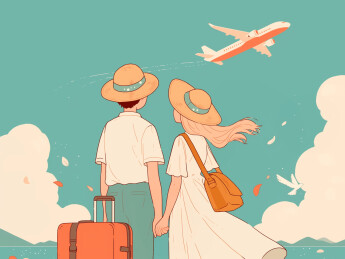 旅游旅行度假飞机云朵情侣行李箱插画