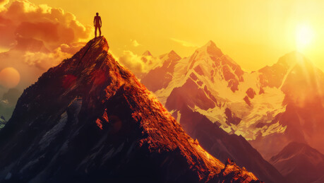阳光下登上山顶的人物剪影