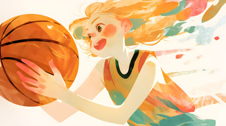 女孩打篮球水彩插画
