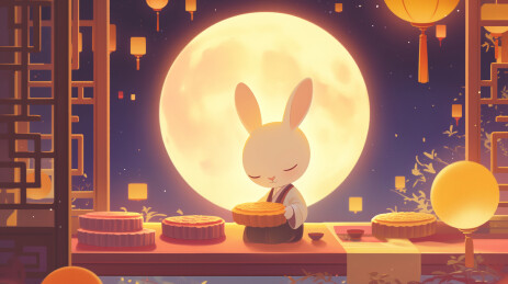 中秋节月亮白兔月饼灯笼古风插画